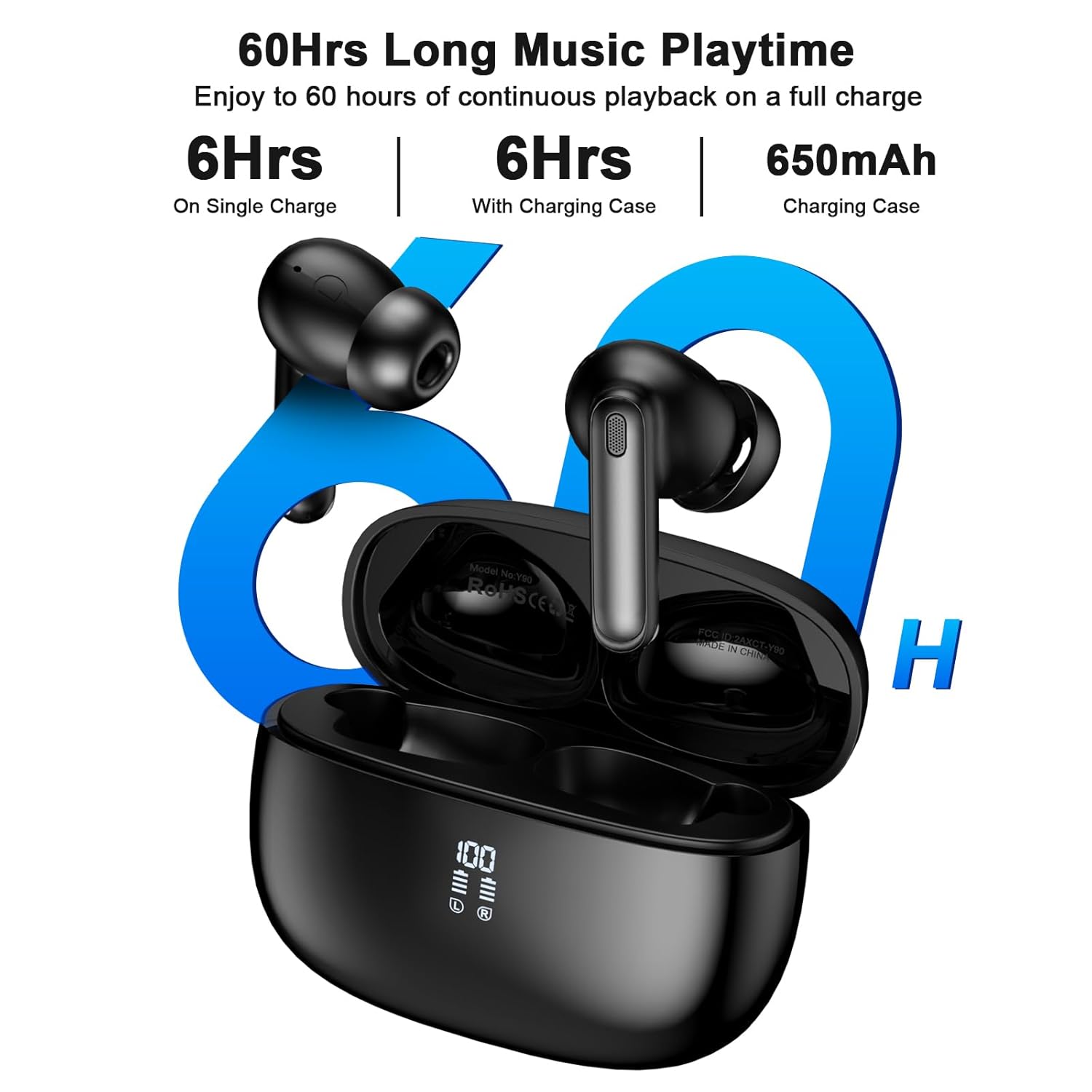 Wireless Earbuds, Bluetooth 5.4 Headphones HiFi Stereo, 60H Playback Ear Buds with LED Power Display, IPX7 Waterproof, Wireless Headphones with Noise Cancelling Mic for iPhone/Android/iPad, Black