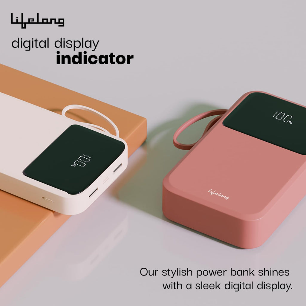Lifelong Electronics 20000mAh 22.5W Fast Charging Power Bank | 3 Inputs (1 Built-in USB A Cable + 1 C + 1 Lightning Port) & 6 Outputs (3 Built-in Cables + 1 C + 2 A Port) | Small Pocket Size Powerbank