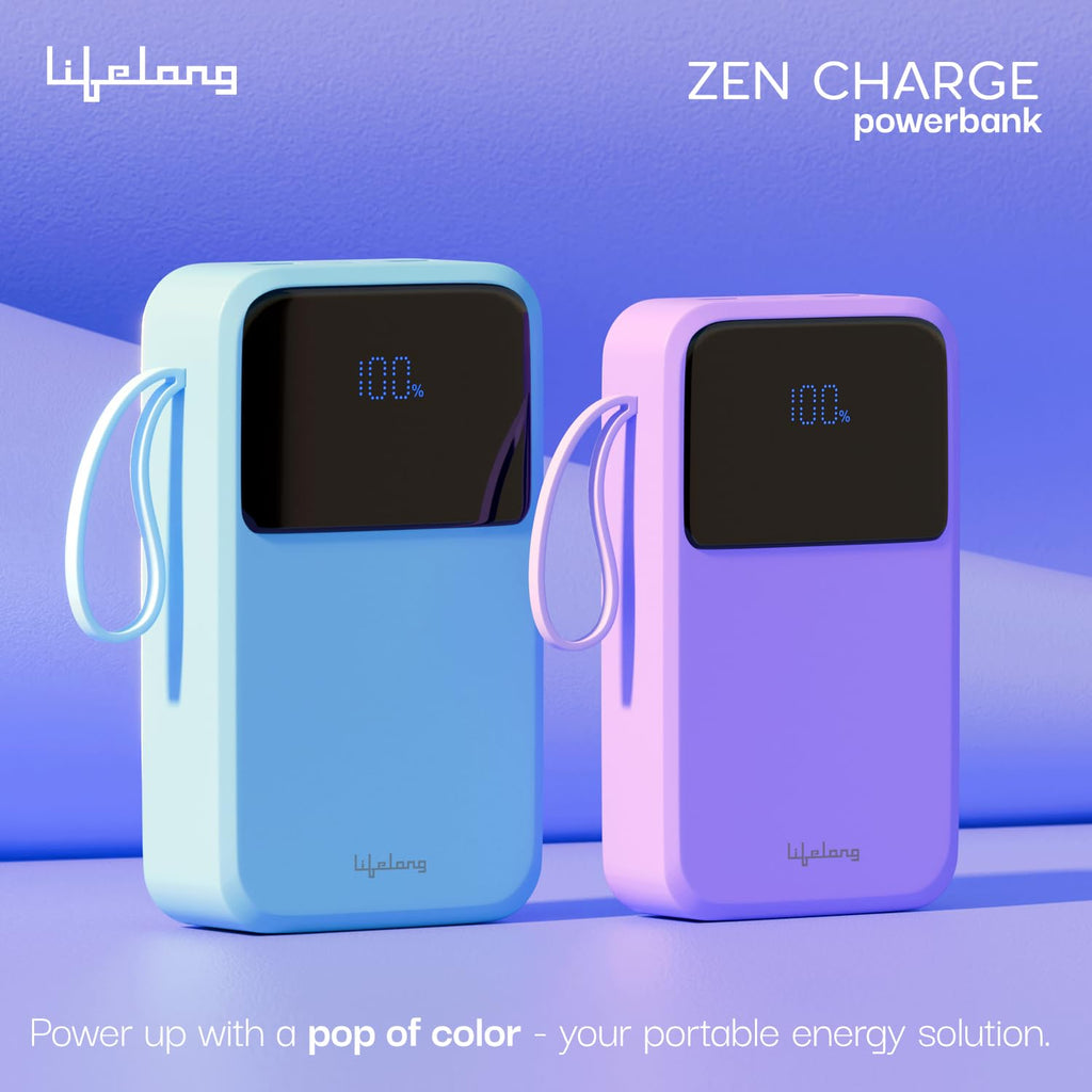 Lifelong Electronics 20000mAh 22.5W Fast Charging Power Bank | 3 Inputs (1 Built-in USB A Cable + 1 C + 1 Lightning Port) & 6 Outputs (3 Built-in Cables + 1 C + 2 A Port) | Small Pocket Size Powerbank