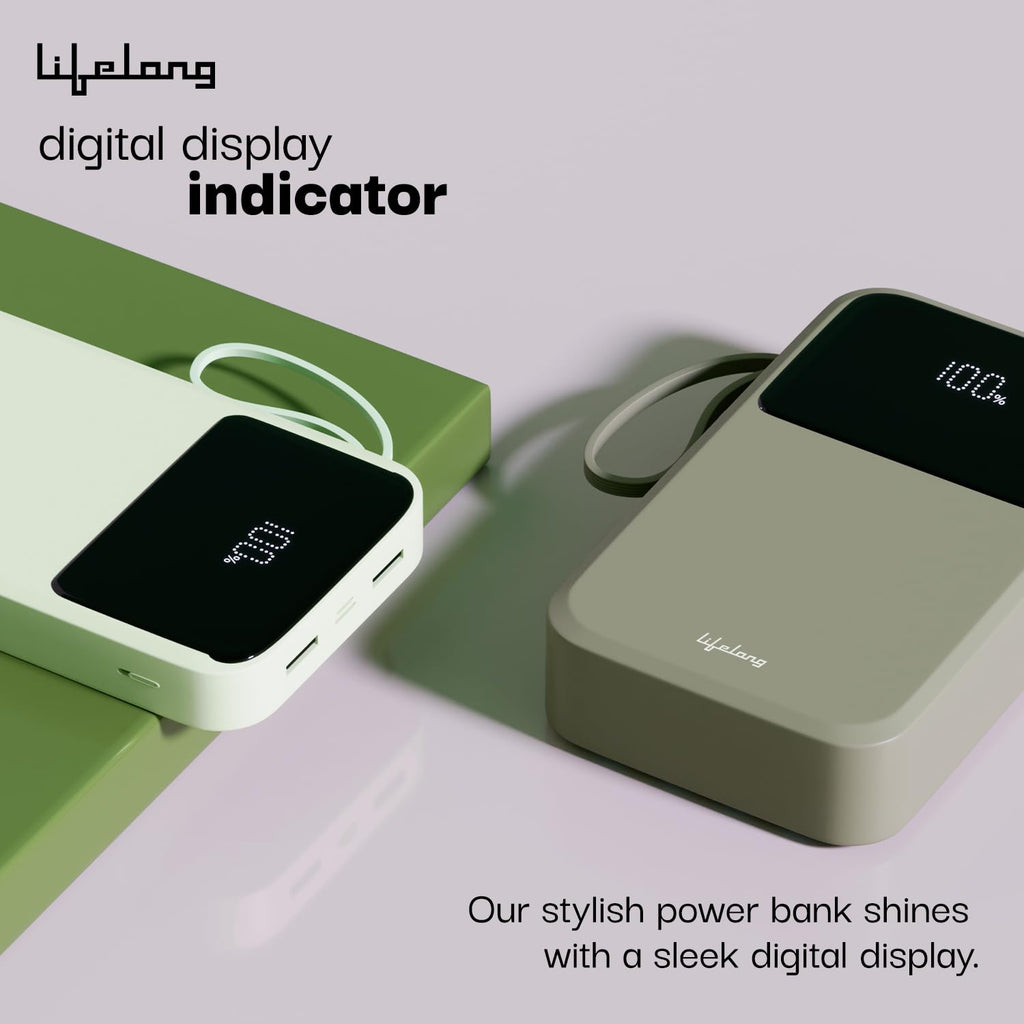 Lifelong Electronics 20000mAh 22.5W Fast Charging Power Bank | 3 Inputs (1 Built-in USB A Cable + 1 C + 1 Lightning Port) & 6 Outputs (3 Built-in Cables + 1 C + 2 A Port) | Small Pocket Size Powerbank