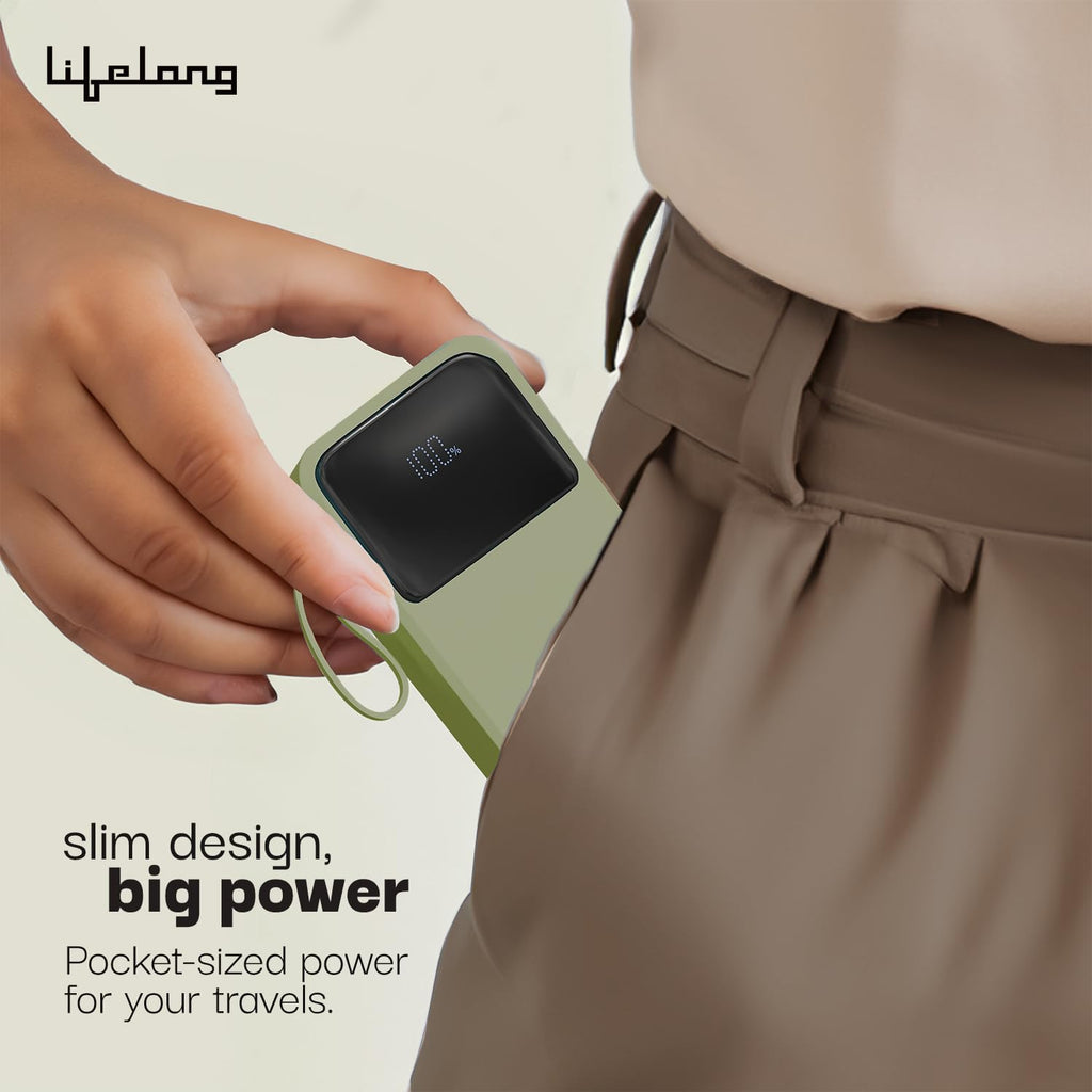Lifelong Electronics 20000mAh 22.5W Fast Charging Power Bank | 3 Inputs (1 Built-in USB A Cable + 1 C + 1 Lightning Port) & 6 Outputs (3 Built-in Cables + 1 C + 2 A Port) | Small Pocket Size Powerbank