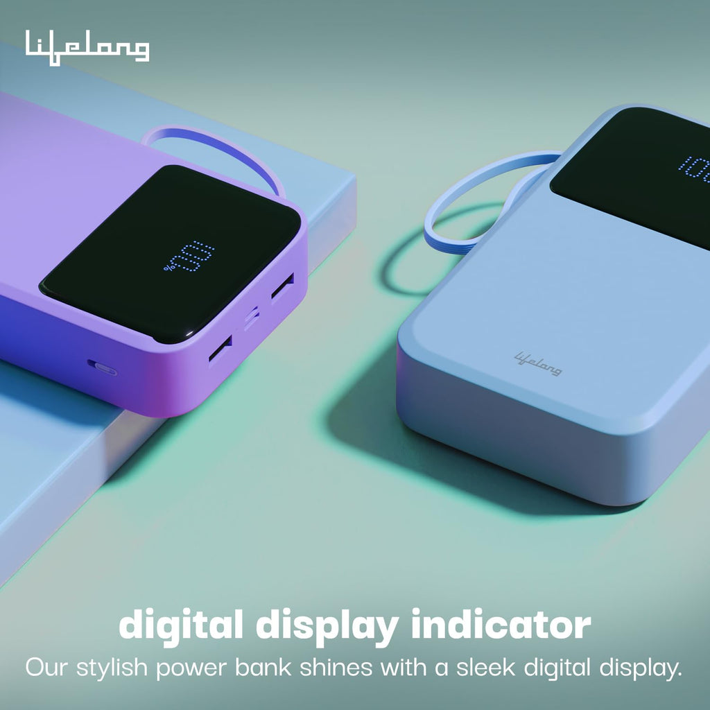Lifelong Electronics 20000mAh 22.5W Fast Charging Power Bank | 3 Inputs (1 Built-in USB A Cable + 1 C + 1 Lightning Port) & 6 Outputs (3 Built-in Cables + 1 C + 2 A Port) | Small Pocket Size Powerbank