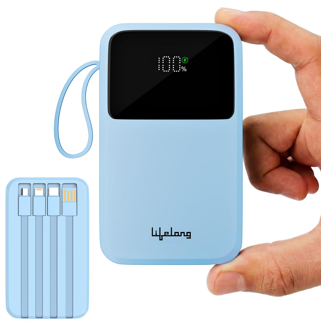 Lifelong Electronics 20000mAh 22.5W Fast Charging Power Bank | 3 Inputs (1 Built-in USB A Cable + 1 C + 1 Lightning Port) & 6 Outputs (3 Built-in Cables + 1 C + 2 A Port) | Small Pocket Size Powerbank