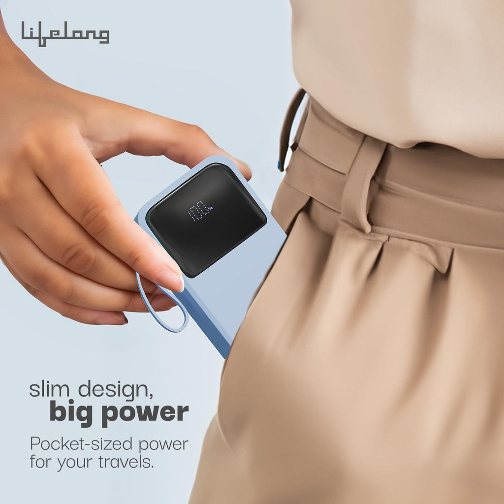 Lifelong Electronics 20000mAh 22.5W Fast Charging Power Bank | 3 Inputs (1 Built-in USB A Cable + 1 C + 1 Lightning Port) & 6 Outputs (3 Built-in Cables + 1 C + 2 A Port) | Small Pocket Size Powerbank