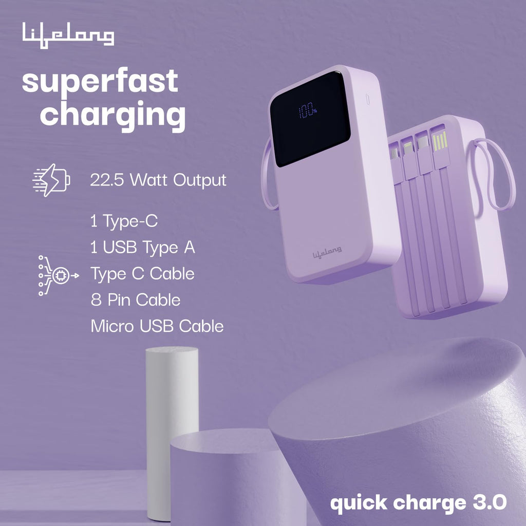 Lifelong Electronics 20000mAh 22.5W Fast Charging Power Bank | 3 Inputs (1 Built-in USB A Cable + 1 C + 1 Lightning Port) & 6 Outputs (3 Built-in Cables + 1 C + 2 A Port) | Small Pocket Size Powerbank
