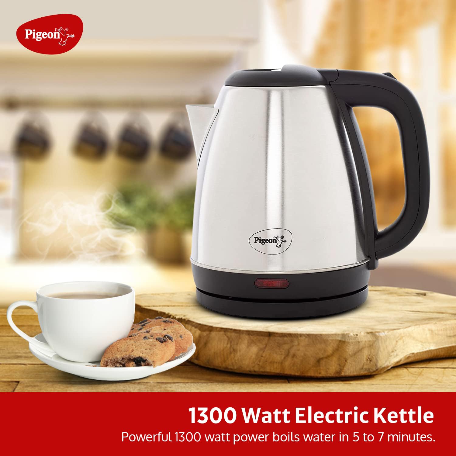 Pigeon Amaze Plus Electric Kettle 1.5 L, 1300 Watt, Stainless Steel Body with Auto Shut-off Feature Used for Boiling Water - (Silver)