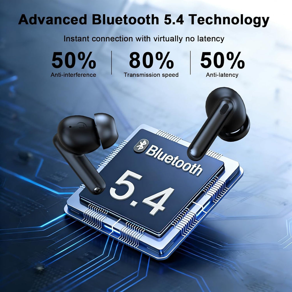 Wireless Earbuds, Bluetooth 5.4 Headphones HiFi Stereo, 60H Playback Ear Buds with LED Power Display, IPX7 Waterproof, Wireless Headphones with Noise Cancelling Mic for iPhone/Android/iPad, Black