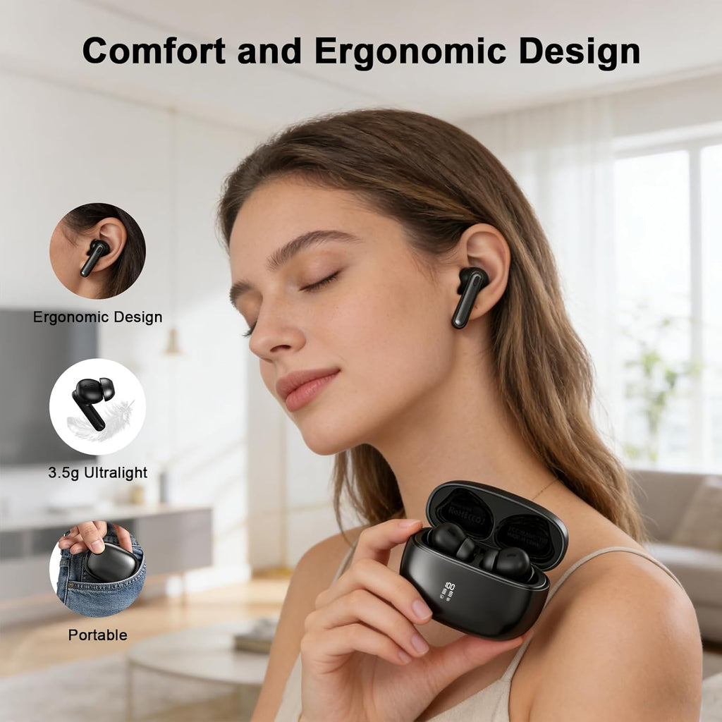 Wireless Earbuds, Bluetooth 5.4 Headphones HiFi Stereo, 60H Playback Ear Buds with LED Power Display, IPX7 Waterproof, Wireless Headphones with Noise Cancelling Mic for iPhone/Android/iPad, Black